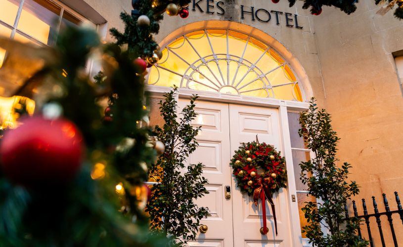 Front door of Dukes Hotel Bath at Christmas